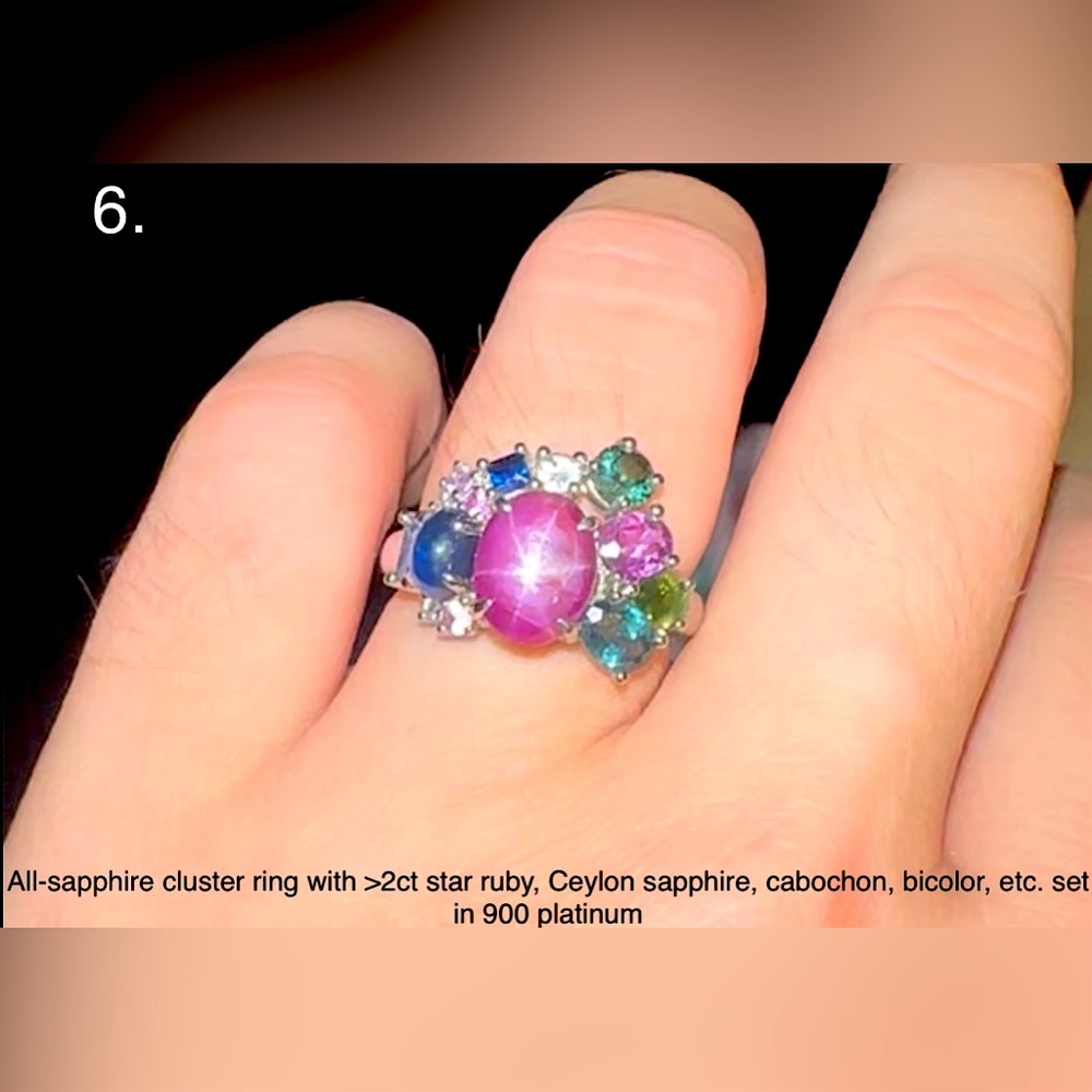 Sapphire cluster ring with >2ct star ruby Ceylon cabachon 900 platinum diamond